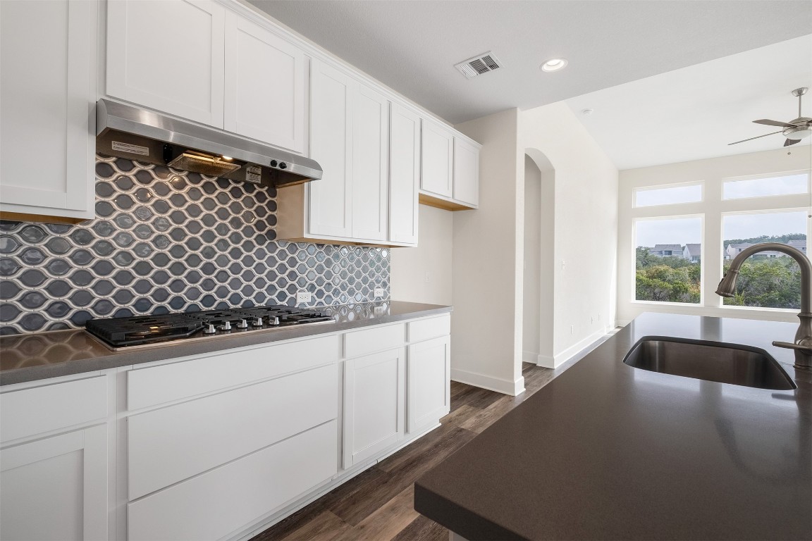 748 Hazy Hills Loop Dripping Springs, TX 78620 - Photo 16 of 40 Kitchen featuring white cabinetry, under cabinet range hood, a ceiling fan, decorative backsplash, and dark wood-type flooring