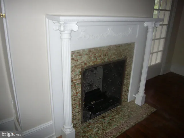 a bathroom with a fireplace