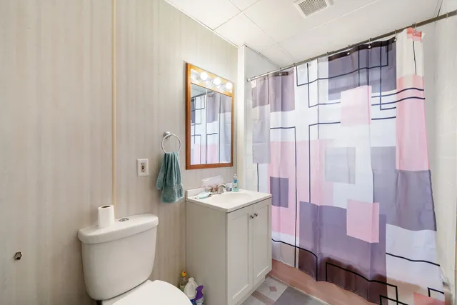 a bathroom with a sink toilet vanity and shower