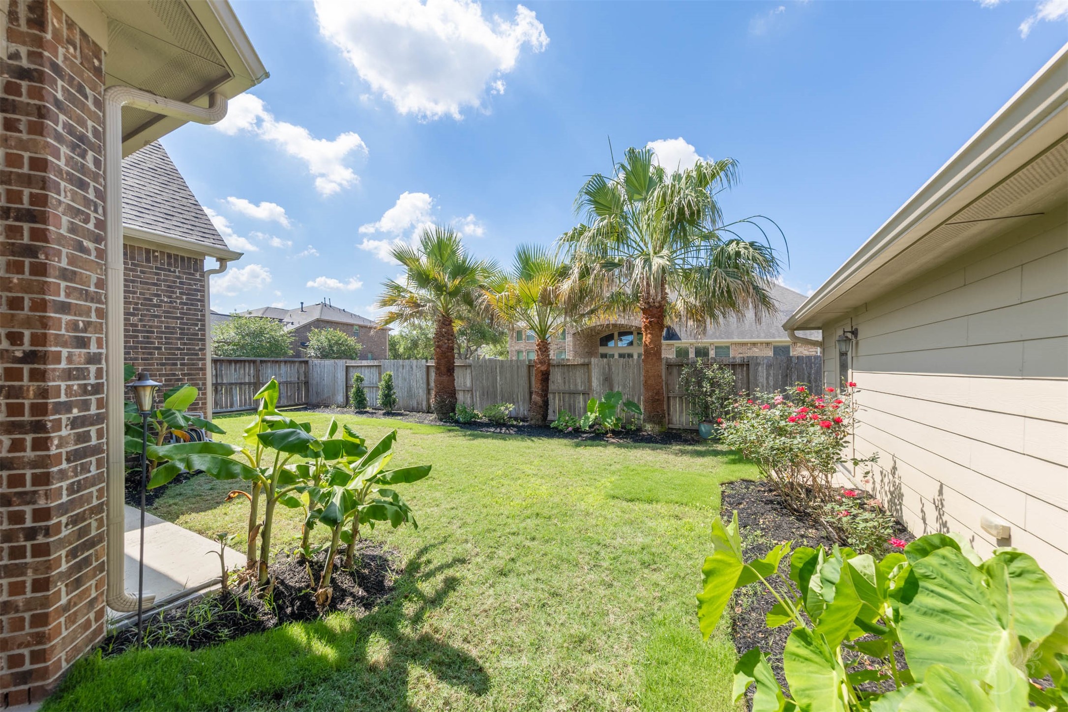 5803 Mustang Ridge Lane Fulshear, TX 77441 - Photo 40 of 48 Tropical landscaping and swaying palm trees create a beautiful backyard setting with plenty of green space to relax, play or entertain. Surrounded by mature landscaping and expansive outdoor living areas, the yard offers both privacy and a resort-style feel.