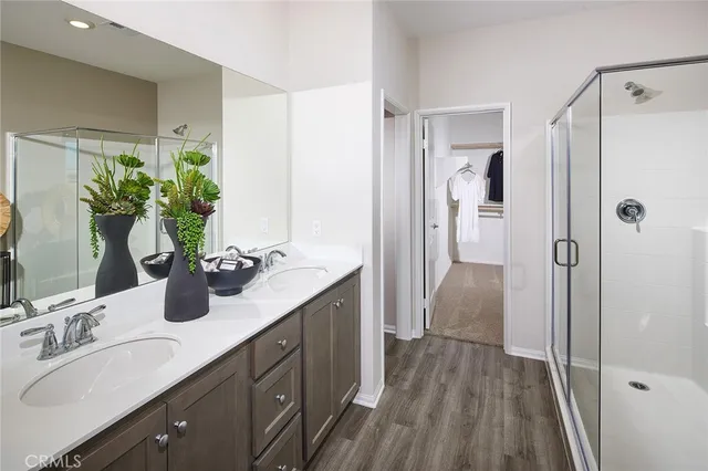 a bathroom with a double vanity sink a large mirror a shower and a bathtub