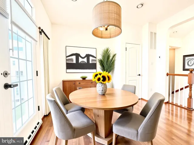 a view of a dining room with furniture window and wooden floor
