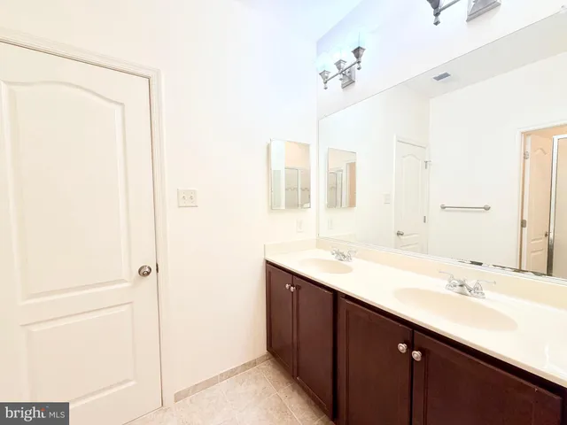 a bathroom with a double vanity sink a mirror and a shower
