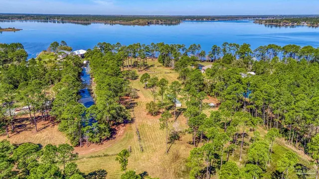 a view of a lake with a city