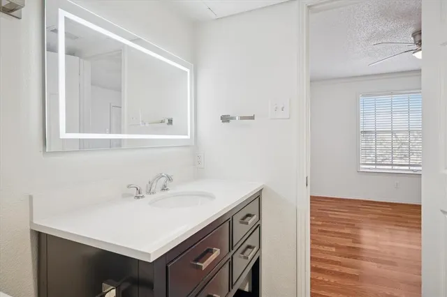a bathroom with a sink vanity and a mirror