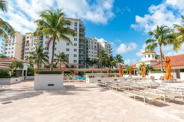 a row of palm trees and a fire pit