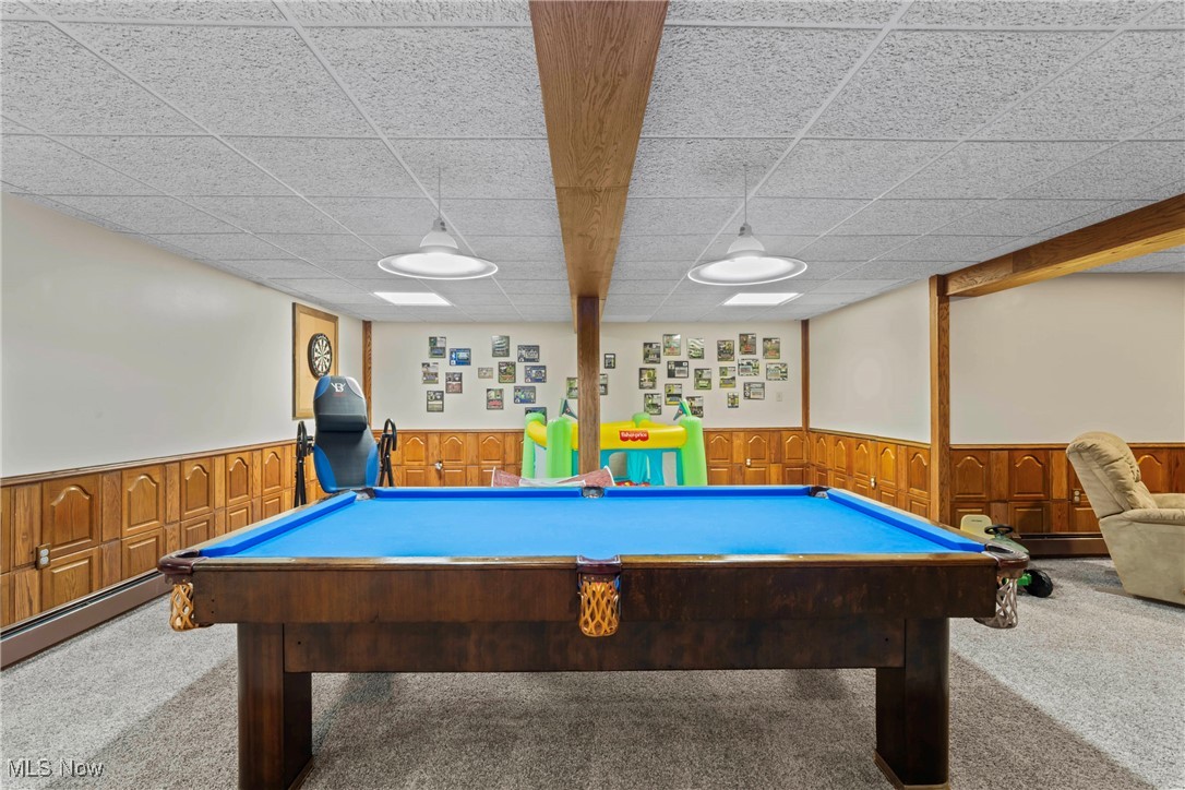 3804 Ridge Road Cortland, OH 44410 - Photo 38 of 44 Playroom with billiards table, carpet flooring, a drop ceiling, wainscoting