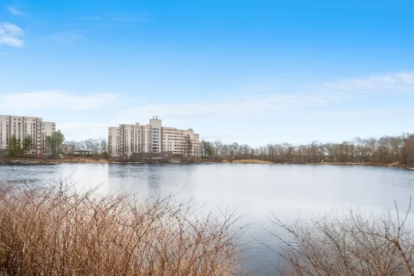 a view of a lake with tall building in front of it