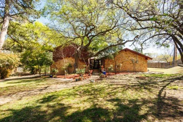a view of road with large trees