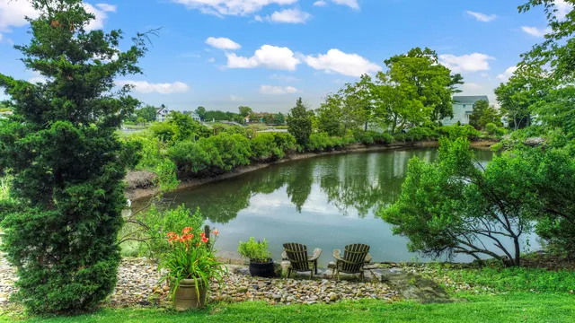 a lake view with a garden