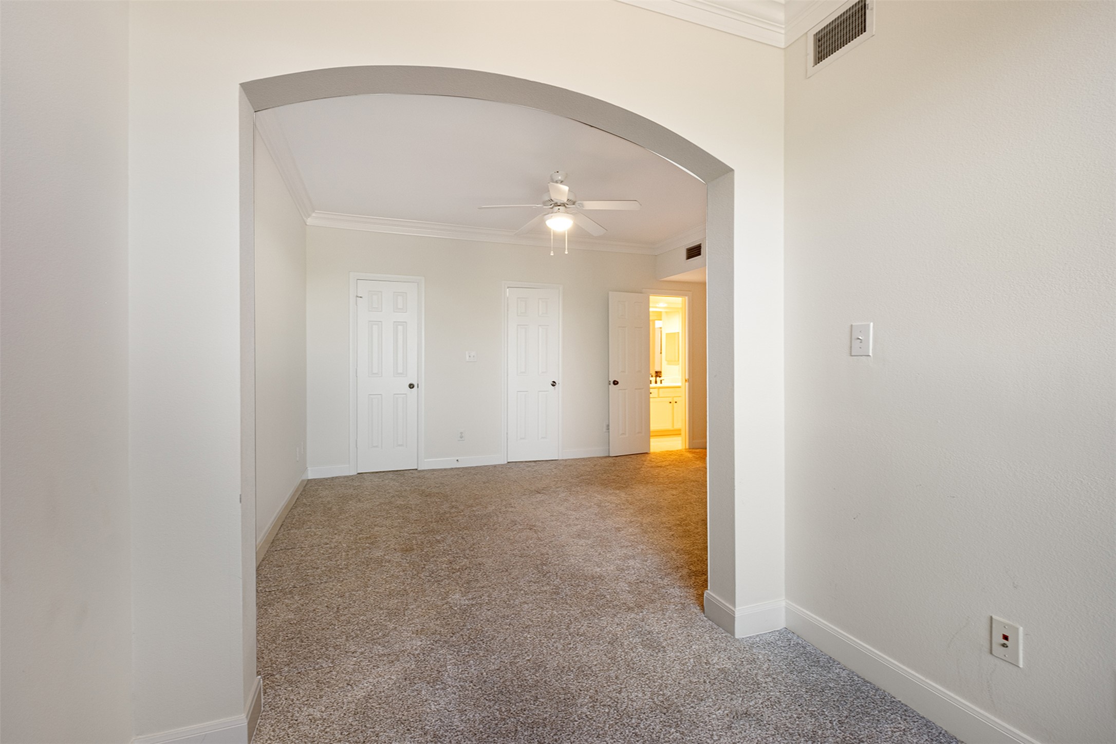 7701 Rialto Boulevard, Unit 637 Austin, TX 78735 - Photo 19 of 25 A spacious bedroom with plush carpeting, an elegant arched doorway, and crown molding accents.
