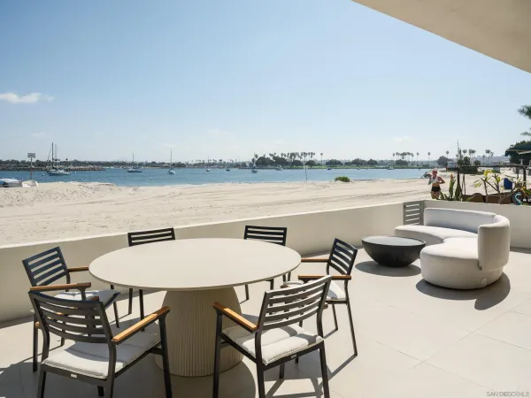 a view of a lake with table and chairs