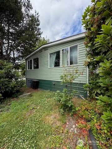 a backyard of a house with plants and tree