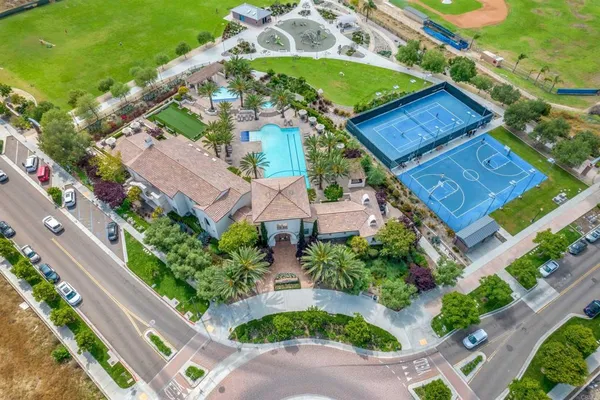 an aerial view of a house with a garden
