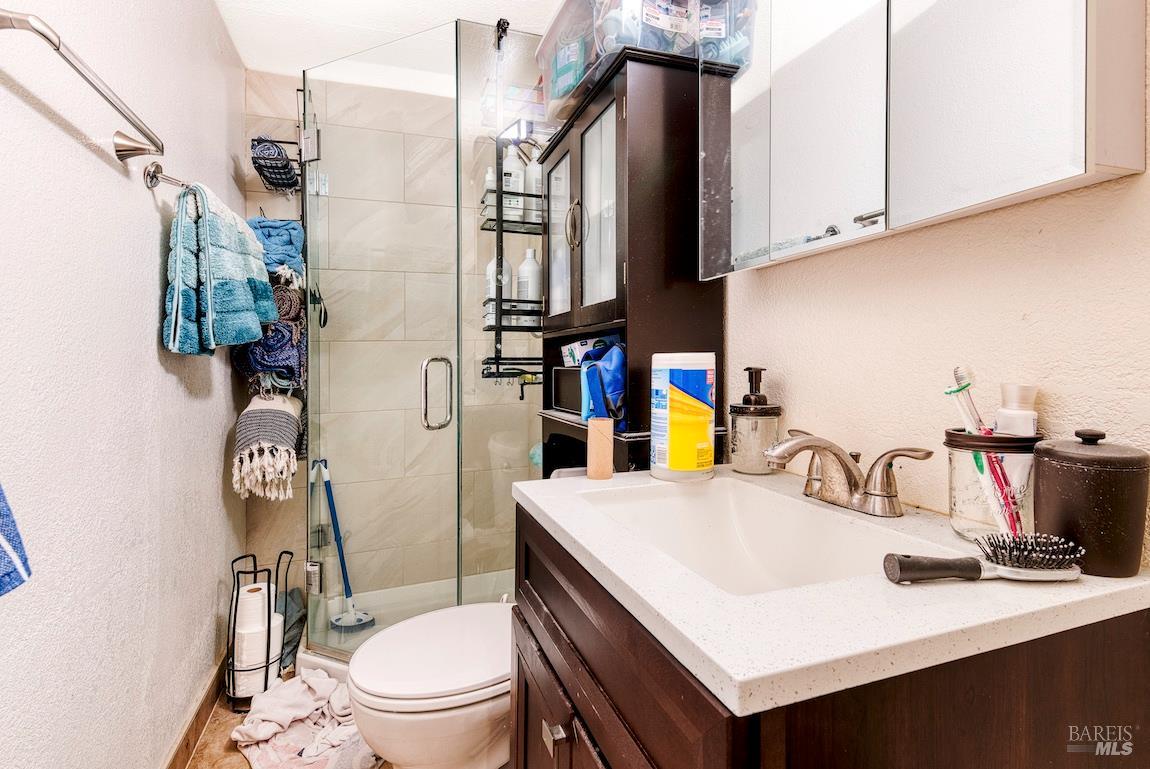 1128 Chester Street Oakland, CA 94607 - Photo 35 of 42 a bathroom with a sink a toilet and curtain