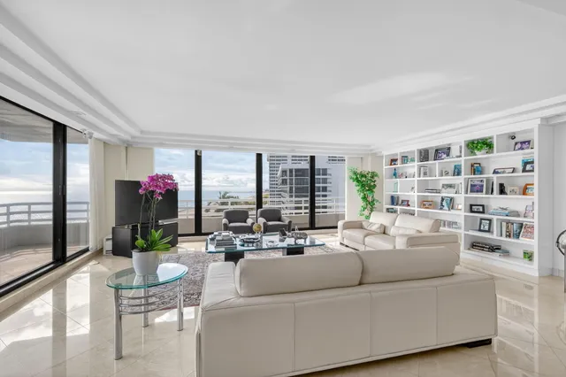 a living room with furniture and a potted plant