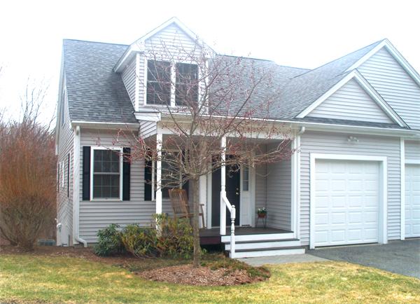 a view of a house with small yard plants and large tree