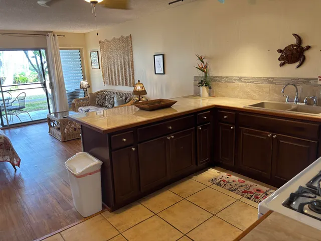 a kitchen with a sink and wooden cabinets