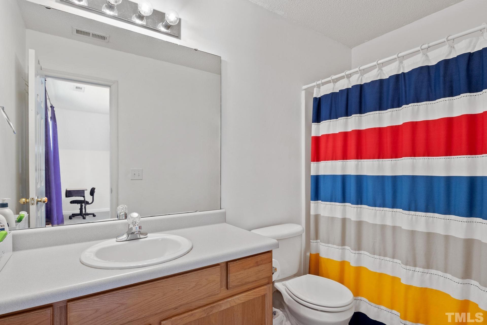 4213 Somerset Valley Lane Raleigh, NC 27616 - Photo 21 of 31 a bathroom with a sink a toilet and shower curtain