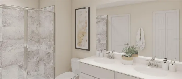 a bathroom with double sink and a mirror