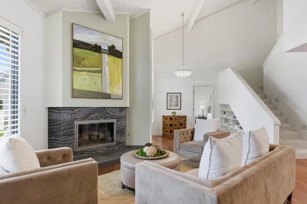 a living room with furniture and a fireplace