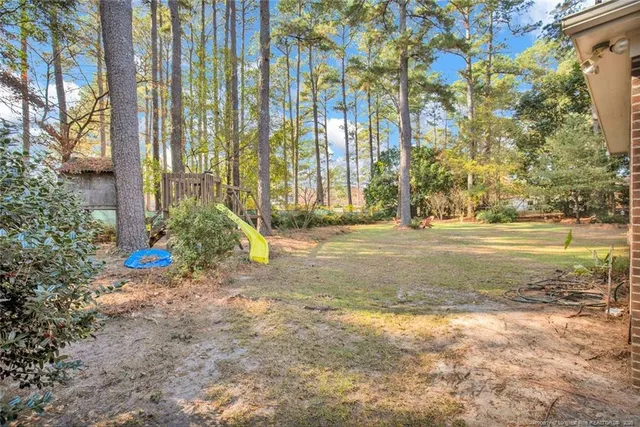 a view of backyard with outdoor space and trees