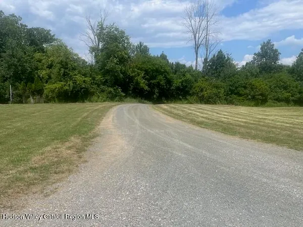 a view of a field with trees in the background