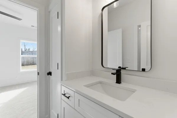 a bathroom with a sink and a mirror