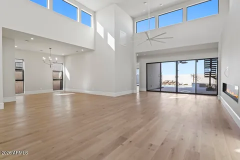 a view of a livingroom with wooden floor