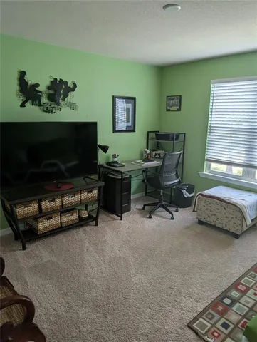 a workspace with furniture and a flat screen tv