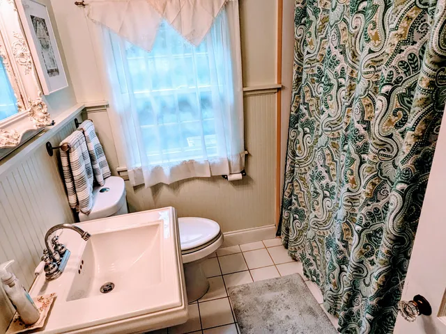 a bathroom with a toilet and a shower curtain