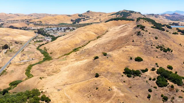 a view of a dry yard with mountains in the background