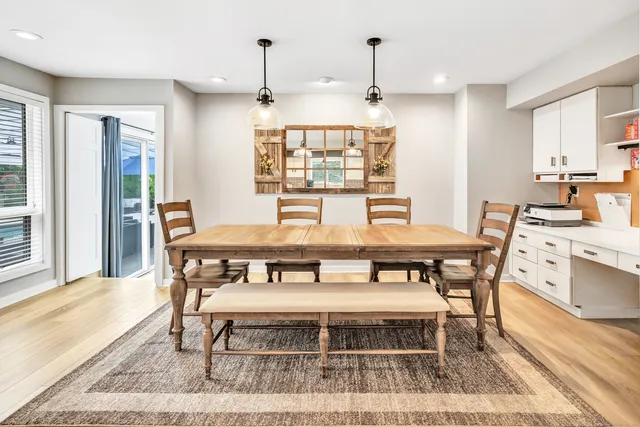 a view of a dining room with furniture