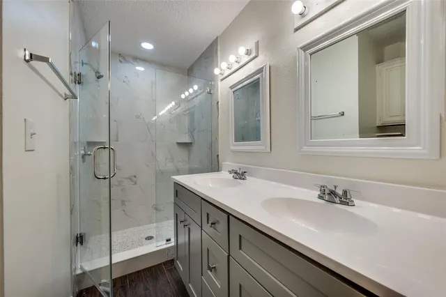 a bathroom with a shower sink vanity and mirror