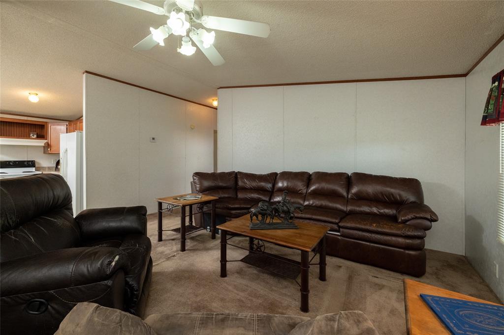 207 Lazy B Lane Springtown, TX 76082 - Photo 11 of 39 Carpeted living room with ceiling fan, a textured ceiling, and ornamental molding
