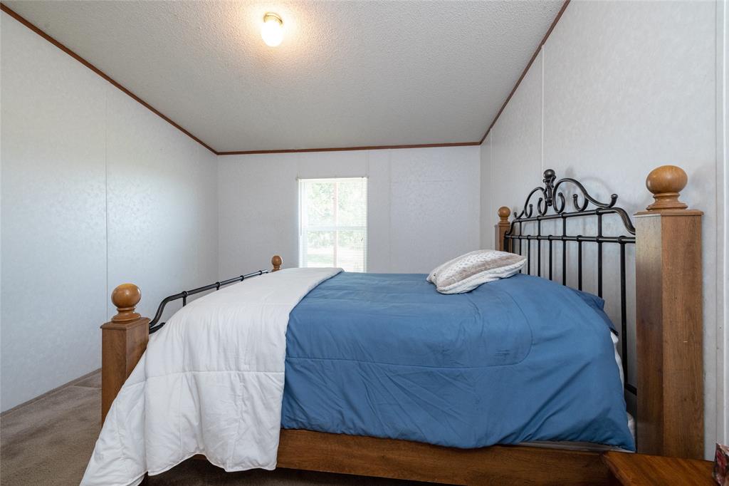 207 Lazy B Lane Springtown, TX 76082 - Photo 21 of 39 Bedroom featuring carpet, ornamental molding, and a textured ceiling