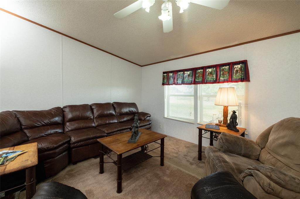207 Lazy B Lane Springtown, TX 76082 - Photo 9 of 39 Carpeted living room featuring ceiling fan, ornamental molding, and a textured ceiling