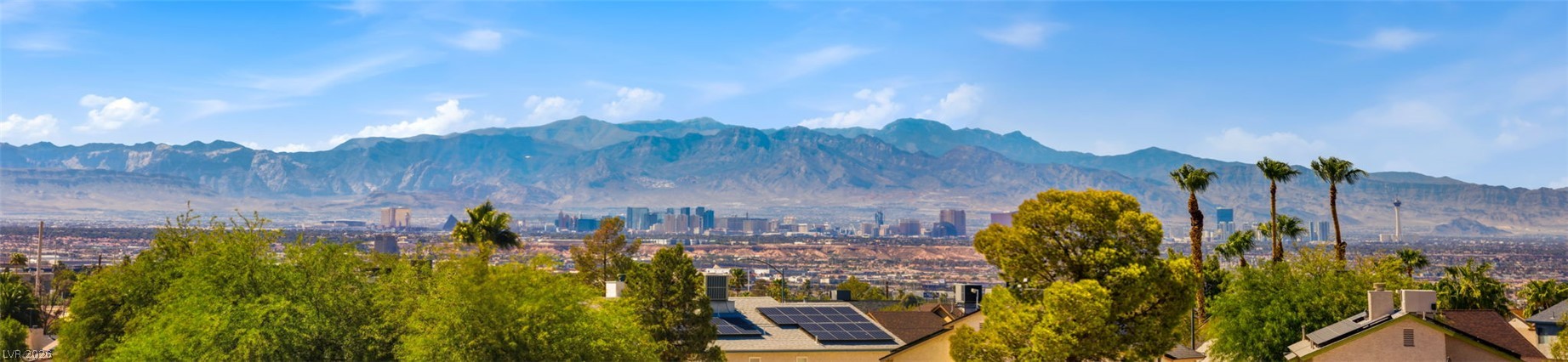 904 Shadowfax Road Henderson, NV 89015 - Photo 31 of 31 Distant mountains frame a wide vista of the city skyline rising beyond a lush canopy.
