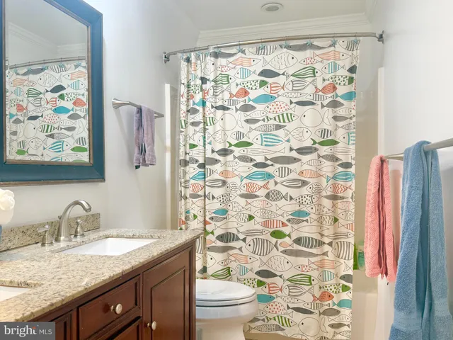 a bathroom with a granite countertop sink a toilet and a shower curtain