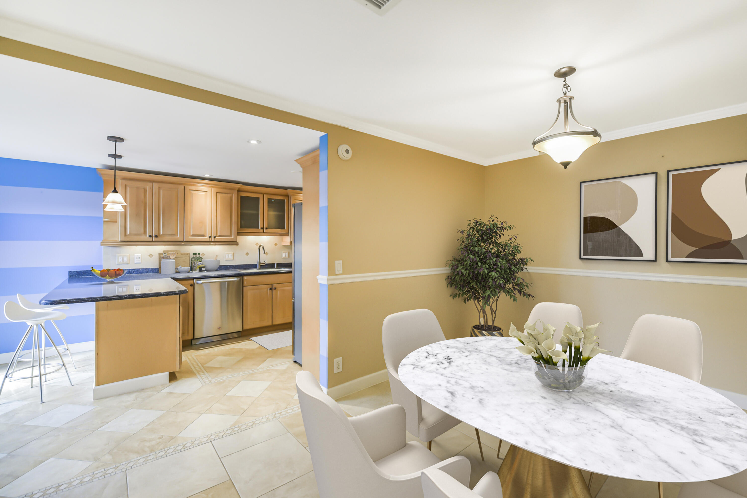 102 Woodland Road Palm Springs, FL 33461 - Photo 4 of 41 a kitchen with granite countertop a stove a sink dishwasher a dining table and chairs with wooden floor