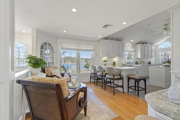 a view of a dining room with furniture