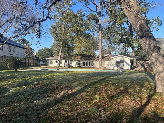 a view of a park with large trees