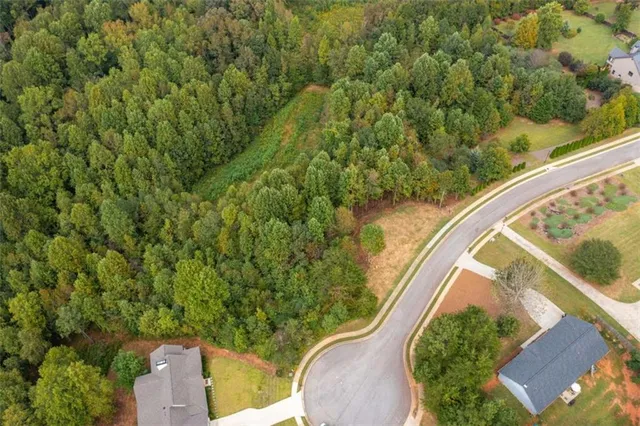 an aerial view of a swimming pool