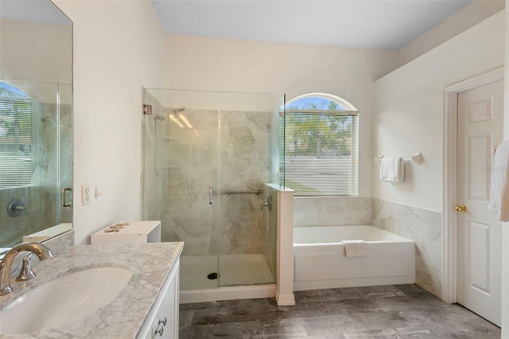 2414 Ridgemoor Drive Orlando, FL 32828 - Photo 35 of 45 a bathroom with a granite countertop sink a mirror and a bathtub