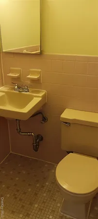 a bathroom with a sink toilet and mirror