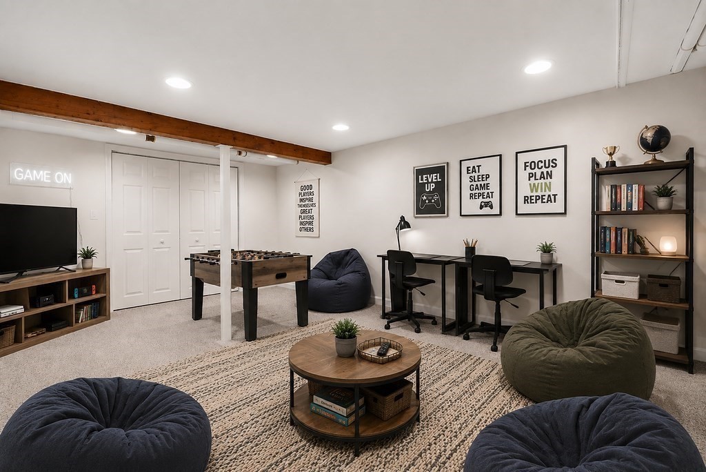 21 Vanderbelt Road Acton, MA 01720 - Photo 24 of 36 a living room with furniture a flat screen tv and kitchen view