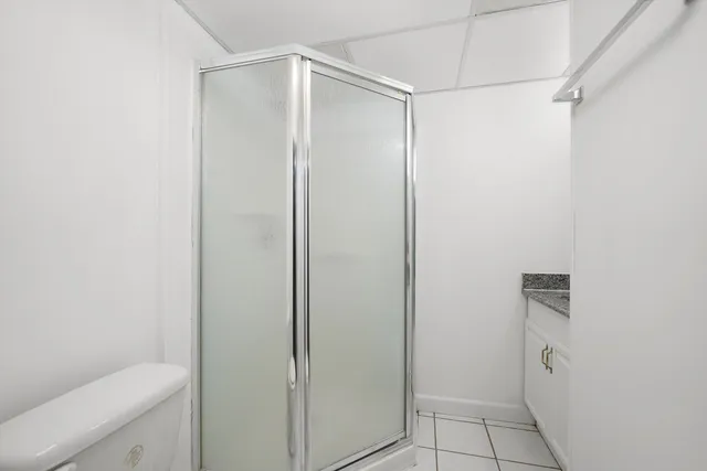 a bathroom with a shower and a toilet