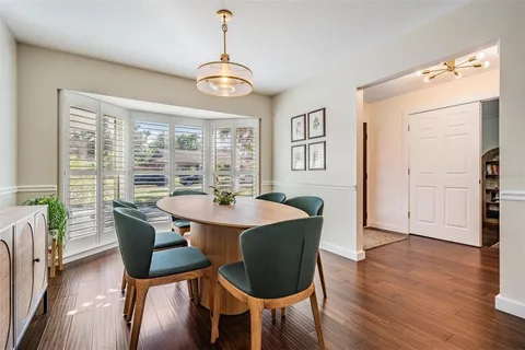 a view of a dining room with furniture window and wooden floor