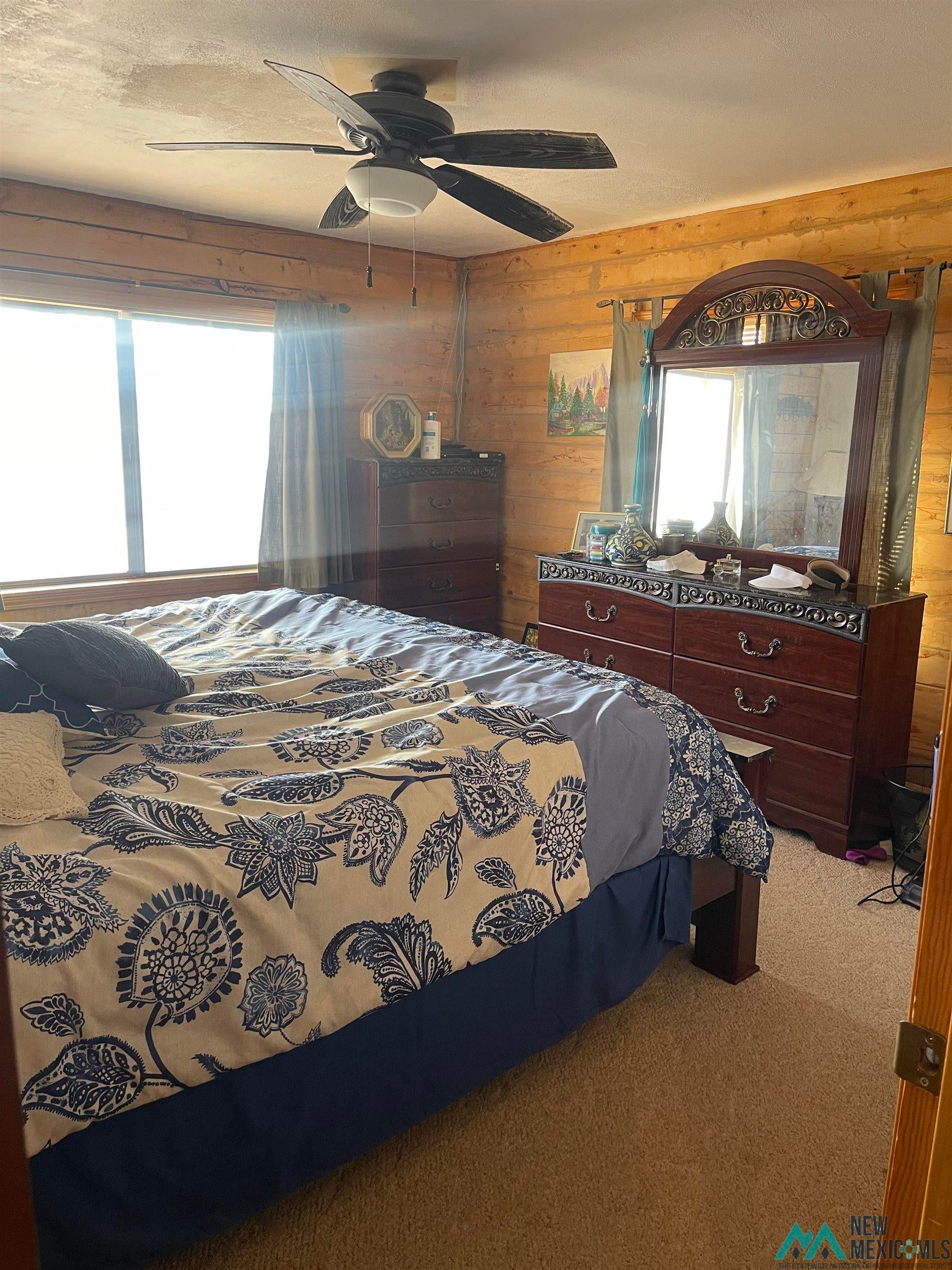 117 Mica Road Conchas Dam, NM 88416 - Photo 11 of 22 Carpeted bedroom featuring wood walls and a ceiling fan
