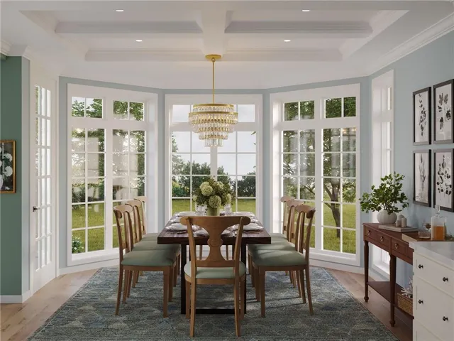 a view of a dining room with furniture window and outside view